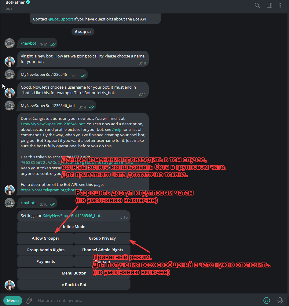 Настройки на стороне Telegram Настройки на стороне Telegram